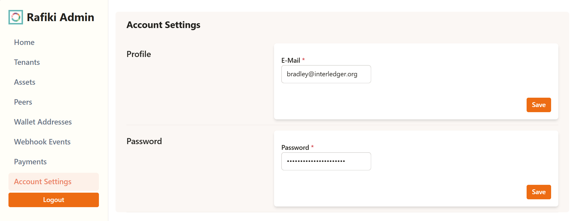 A screenshot of the Rafiki Admin application user interface displaying the "Account Settings" section. It shows two text fields: one to change an email address and one to change a password.
