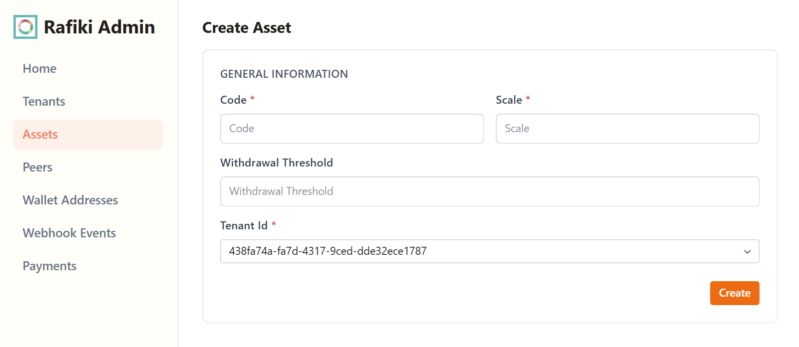 A screenshot of the Rafiki Admin application user interface displaying the "Create Asset" section. It shows several text fields to configure in order to create a new asset. A "Create" button is in the lower right.
