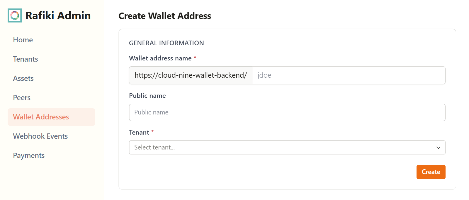 A screenshot of the Rafiki Admin application user interface displaying the "Create Wallet Address" section. It shows several text fields to configure in order to create a new wallet address. A "Create" button is in the lower right.
