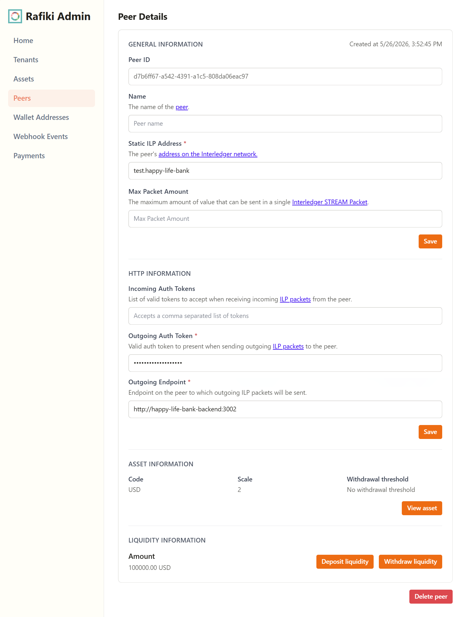 A screenshot of the Rafiki Admin application user interface displaying the "Edit Peer" section. It shows several text fields configured for an existing peer. This page is used to view peer details, edit peer details, and delete a peer.