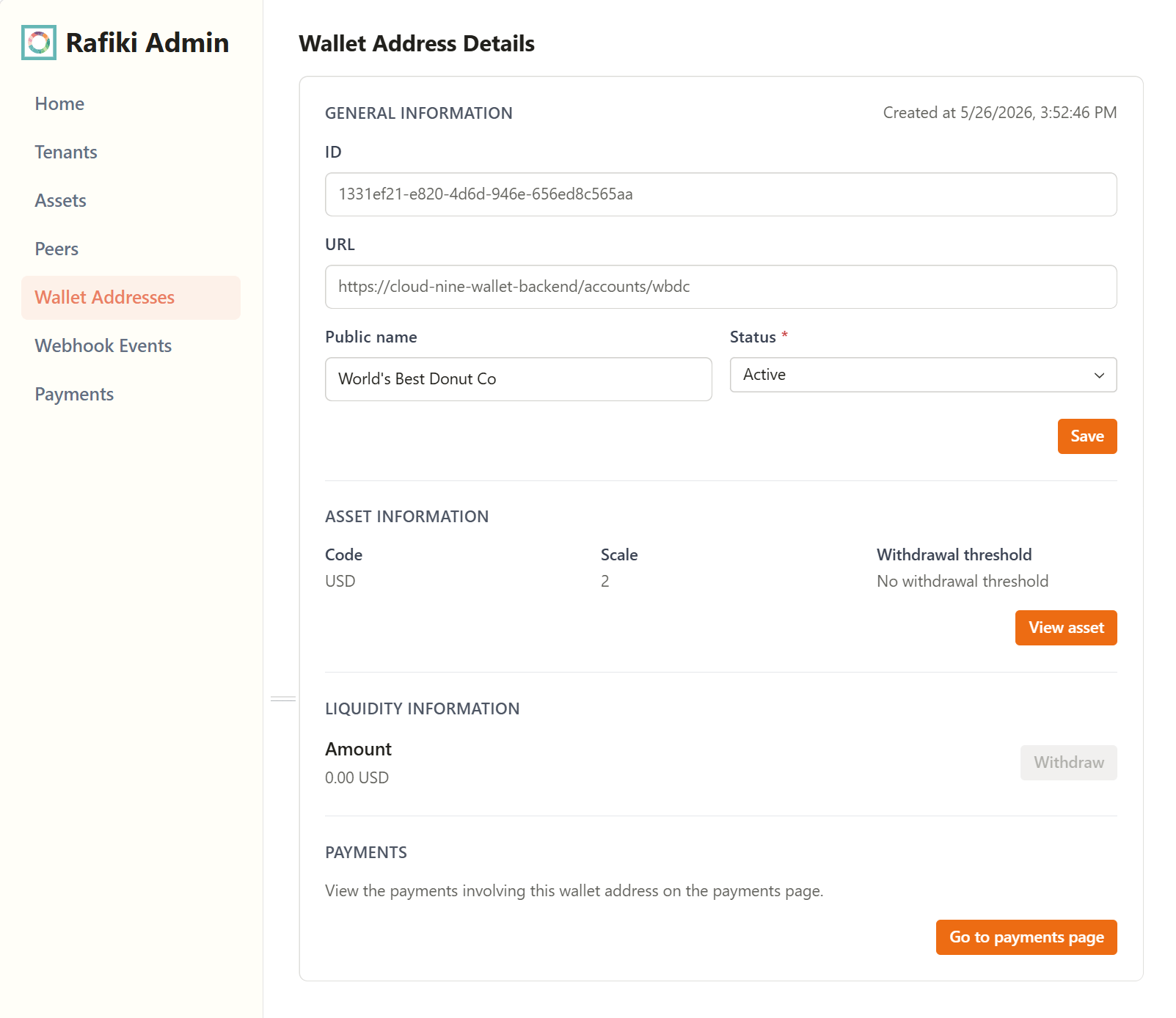 A screenshot of the Rafiki Admin application user interface displaying the "Edit Wallet Address" section. It shows several text fields configured for an existing wallet address. This page is used to view and edit wallet address details.